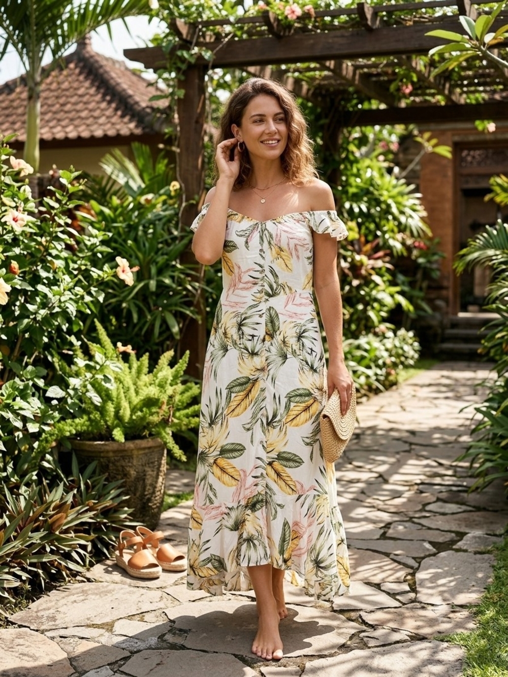 Stop Staring Cream Off-Shoulder Tropical Leaf Maxi Dress